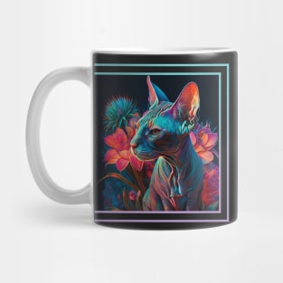 Crotchety Sphynx Cat Vibrant Tropical Flower Digital Oil Painting Portrait Mug